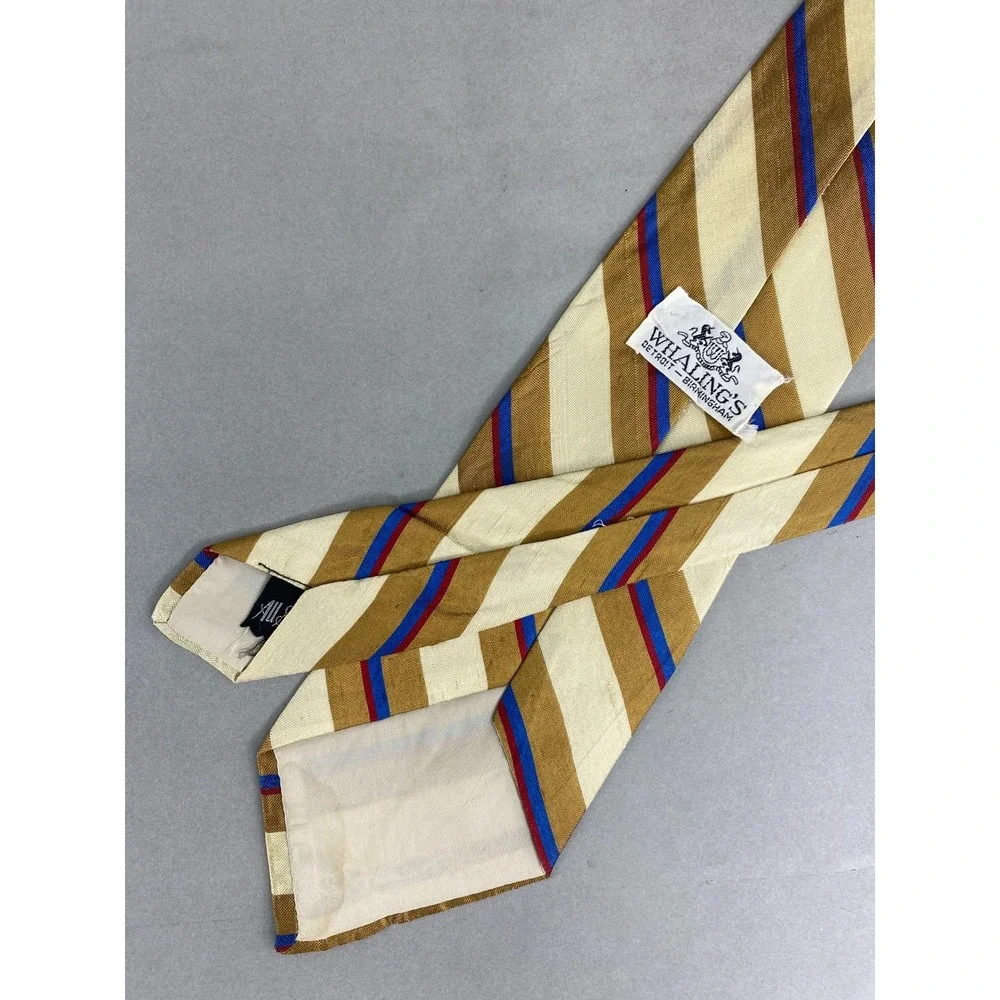 Whaling's Mens Silk Tie Gold Cream Blue Burgundy Striped Professional 57x4
